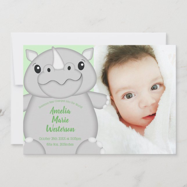 Rhino Baby Shower Green Einladung (Vorderseite)