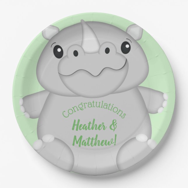 Rhino Baby Shower Green Pappteller (Vorderseite)