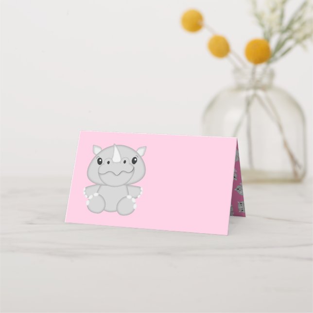 Rhino Baby Shower Safari Pink Girl Platzkarte (Vorderseite)