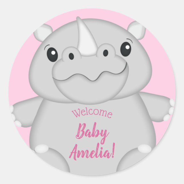 Rhino Baby Shower Safari Pink Girl Runder Aufkleber (Vorderseite)
