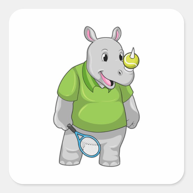 Rhino bei Tennis mit Tennisball Quadratischer Aufkleber (Vorderseite)