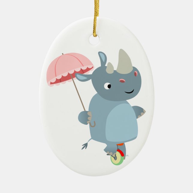 Rhino mit Schirm auf Einrad-Ornament Keramik Ornament (Vorne)