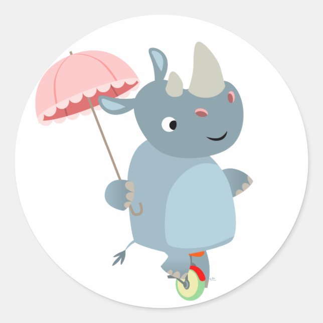Rhino mit Schirm auf Einradaufkleber Runder Aufkleber (Vorderseite)