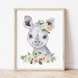 Rhino, Safari, Dschungel, rosa Blume, Girl-Kinderz Poster