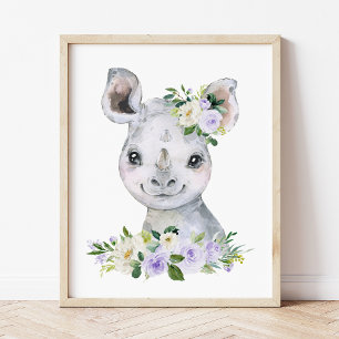 Rhino, Safari, Purple Flowers, Gender Neutral Fotodruck