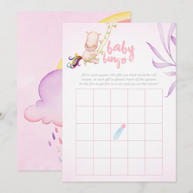 Rhino Unicorn Kindermädchen Dusche Bingo Einladung (Vorne/Hinten)