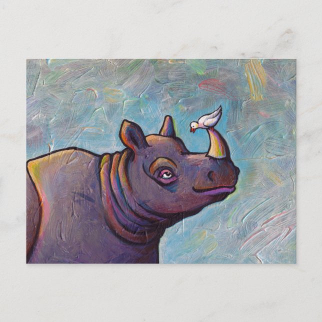 Rhinoceros Art Kleiner Vogeltratsch Spaß Malerei Postkarte (Vorderseite)
