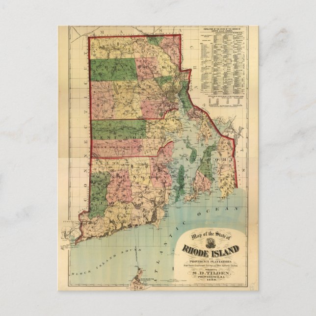 Rhode Island & Providence Plantations Map (1880) Postkarte (Vorderseite)