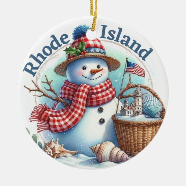 Rhode Island Snowman Winter Weihnachtsbaum Keramik Ornament (Vorne)