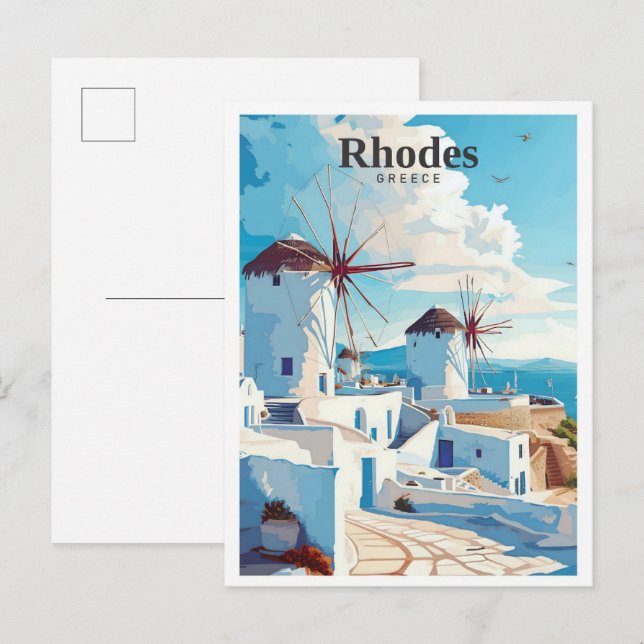 Rhodes Greece Art Vintage Travel Postkarte (Vorne/Hinten)
