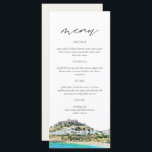 RHODES Greece Skyline Watercolor Wedding Menu Card Menükarte<br><div class="desc">Auf der Speisekarte steht ein Aquarellbild von Rhodos,  der griechischen Küste,  gepaart mit einer einfachen Schriftart-Kombination. Dieses Menü ist perfekt für Ihr Ziel oder Abenteuer thematische Hochzeit oder Veranstaltung.</div>