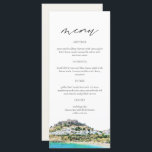 RHODES Greece Skyline Watercolor Wedding Menu Card Menükarte<br><div class="desc">Auf der Speisekarte steht ein Aquarellbild von Rhodos,  der griechischen Küste,  gepaart mit einer einfachen Schriftart-Kombination. Dieses Menü ist perfekt für Ihr Ziel oder Abenteuer thematische Hochzeit oder Veranstaltung.</div>