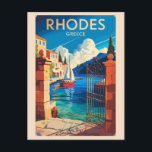 Rhodes Griechenland Reisen Kunst Vintag Postkarte<br><div class="desc">Rhodes Retrovektorreisdesign. Rhodos,  die größte der Dodekaner-Inseln Griechenlands,  ist bekannt für seine Badeorte und die alten Ruinen.</div>