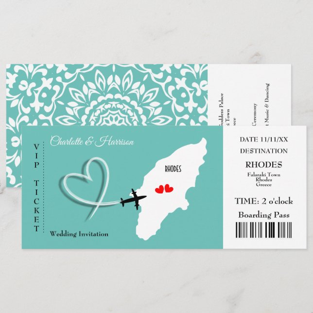 Rhodes Wedding Destination Ticket Boarding Pass in Einladung (Vorne/Hinten)