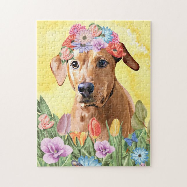 Rhodesian Rdgeback Dog mit Blume Spring (Vertikal)