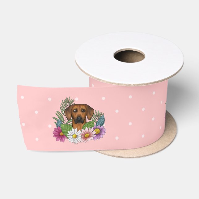 Rhodesian Ridgeback Dog Farbige Wildblumen Rosa Satinband (Spule)