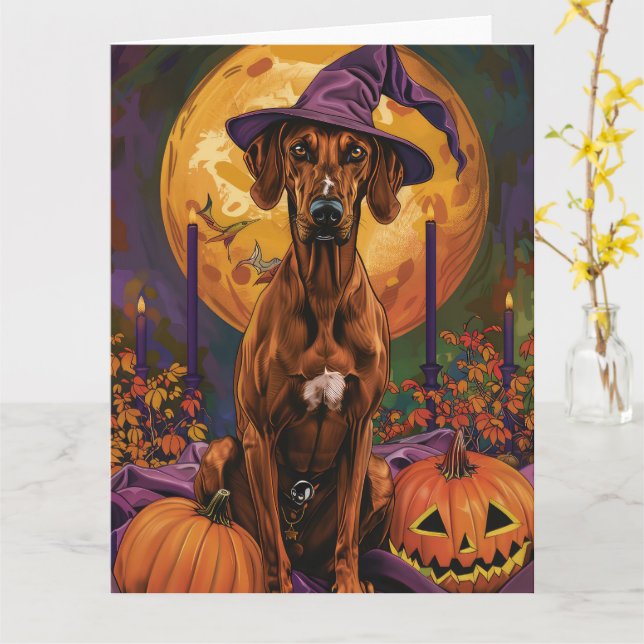 Rhodesian Ridgeback Dog Halloween Hexenkürbis Karte (Gelbe Blume)
