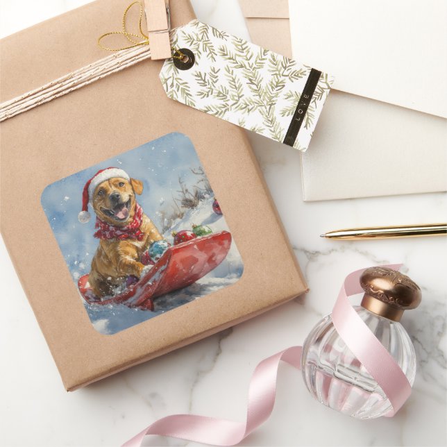 Rhodesian Ridgeback Dog in Sledge Weihnachten Quadratischer Aufkleber (Schenken)