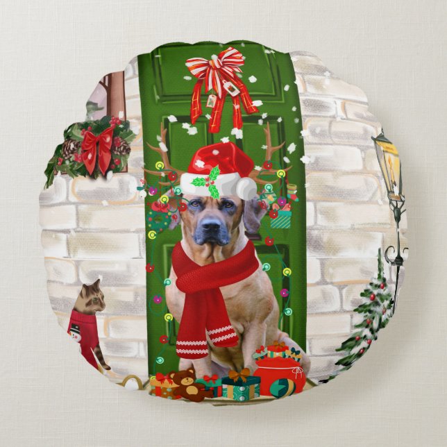 Rhodesian Ridgeback Dog Weihnachten Rundes Kissen (Vorderseite)