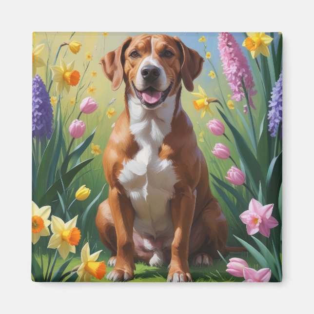 Rhodesian Ridgeback Hund Frühlingsblumen Malerei Magnet (Vorne)