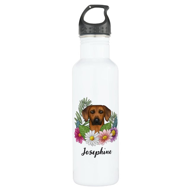 Rhodesian Ridgeback Hund Kopf Farbige Blume Name Edelstahlflasche (Vorderseite)