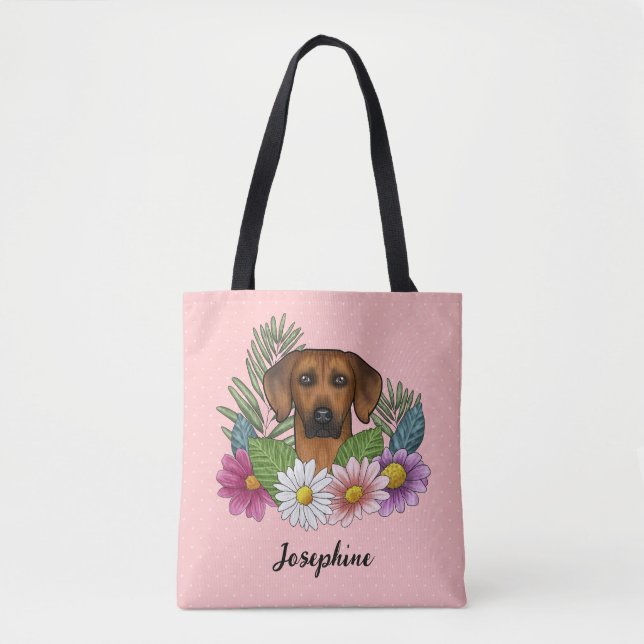 Rhodesian Ridgeback Hund mit Blume und Name Rosa Tasche (Vorderseite)