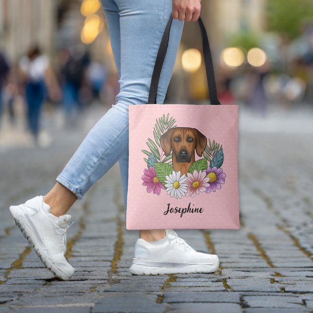 Rhodesian Ridgeback Hund mit Blume und Name Rosa Tasche (Please note: This image is a digital mockup. The product may not be in scale.)