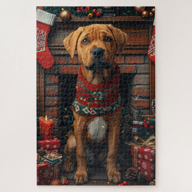 Rhodesian Ridgeback Hund mit Weihnachtsgeschenken (Vertikal)