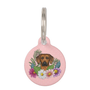 Rhodesian Ridgeback Kopf Bunte Blumen Auf Rosa Haustiermarke