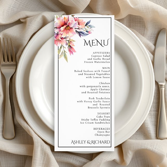 Rhododendron and peach flowers wedding menu card (Créateur téléchargé)