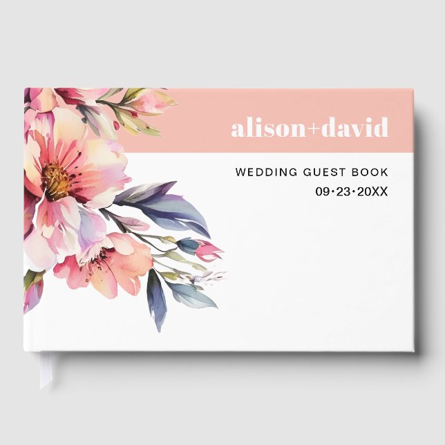 Rhododendron branch and flowers peach-pink wedding gästebuch (Vorderseite)