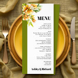 Rhododendron orange yellow fall wedding menu card werbekarte<br><div class="desc">Rhododendron branch and flowers fall wedding menu card. This budget-friendly wedding menu card features an elegant, nature-inspired design. A graceful rhododendron branch with orange, yellow blooms embellishes a crisp white border, while a n olive green band on the left side enhances its refined appeal. The word “MENU” and the couple’s...</div>