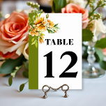 Rhododendron orange yellow flowers wedding tischnummer<br><div class="desc">Rhododendron branch with orange yellow flowers wedding table number card. Elevate your wedding reception with this beautifully designed table number card, featuring a delicate watercolor rhododendron branch adorned with orange yellow blossoms and green leaves. Positioned in the upper left corner, the botanical illustration creates a romantic, eye-catching focal point. An...</div>