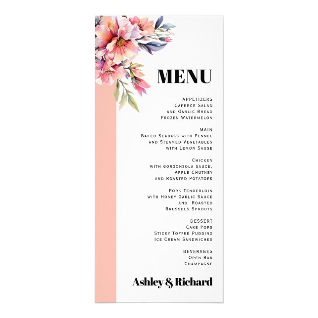 Rhododendron peach pink flowers wedding menu card (Devant)