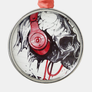 Rhythmischer Totenkopf Roter Kopfhörer Dark Art De Silbernes Ornament