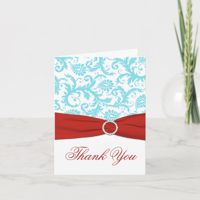 RIBBON Aqua Blanc Rouge Damas Merci IMPRIMÉ (Devant)