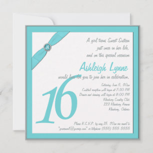 RIBBON Aqua IMPRIMÉ, Gray Sweet 16 Invitations