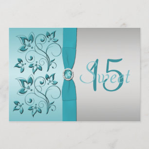 RIBBON Aqua, Invitation de Quinceanera argenté