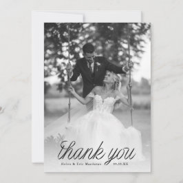 Ribbon Black Script Minimalist Wedding Photo  Dankeskarte