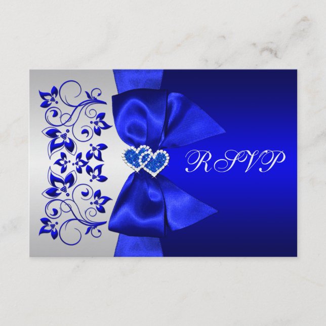 RIBBON Blau, Silver Floral Wedding RSVP (Vorderseite)