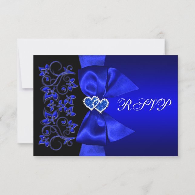 RIBBON Blue, Black Floral Wedding RSVP (Vorderseite)