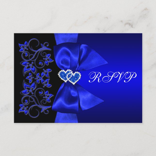 RIBBON Blue, Black Floral Wedding RSVP (Vorderseite)