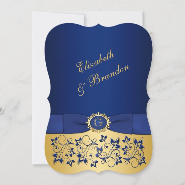 RIBBON Blue, Gold Floral Wedite Einladung 6 (Vorderseite)