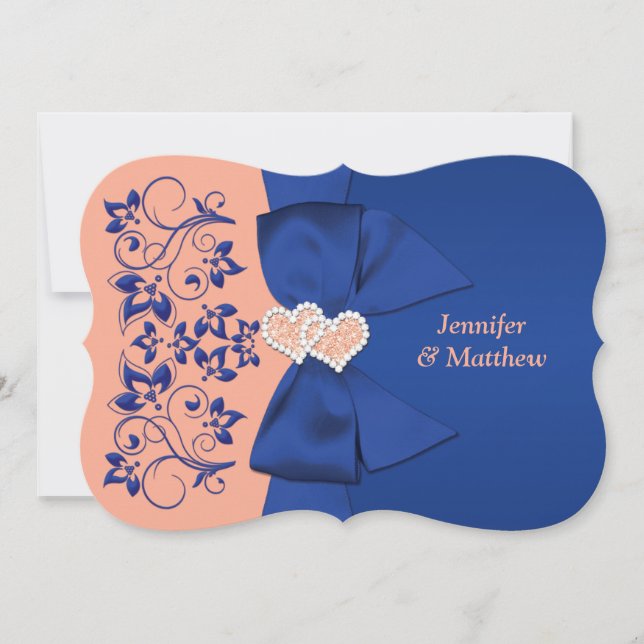 RIBBON Blue, Peach floral Wedite Einladung (Vorderseite)