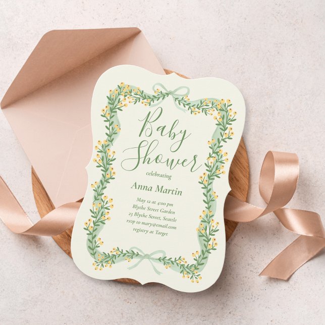 Ribbon Bow and Greenery Baby Shower Invitation Einladung (Von Creator hochgeladen)