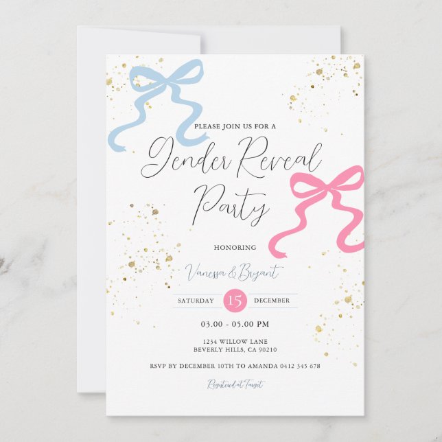 Ribbon Bow Pink & Blue Gender Reveal Gold Glitzer Einladung (Vorderseite)