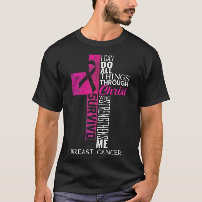 Ribbon Brustkrebs Überlebende Christliche Kreuz T-Shirt (Vorderseite)