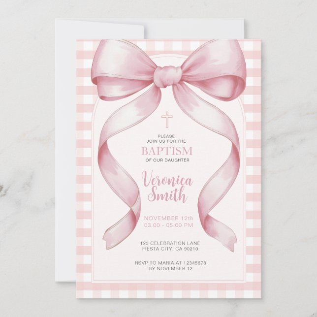 Ribbon Girl Taufe Pink Bow Pearl Necklace Einladung (Vorderseite)