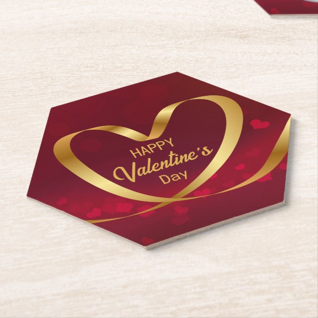 Ribbon Heart Gold Happy Valentine's Day Red Untersetzer (angewinkelt)