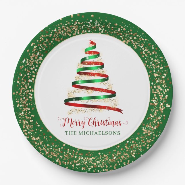 Ribbon Merry Christmas Tree Gold Glitzer Pappteller (Vorderseite)